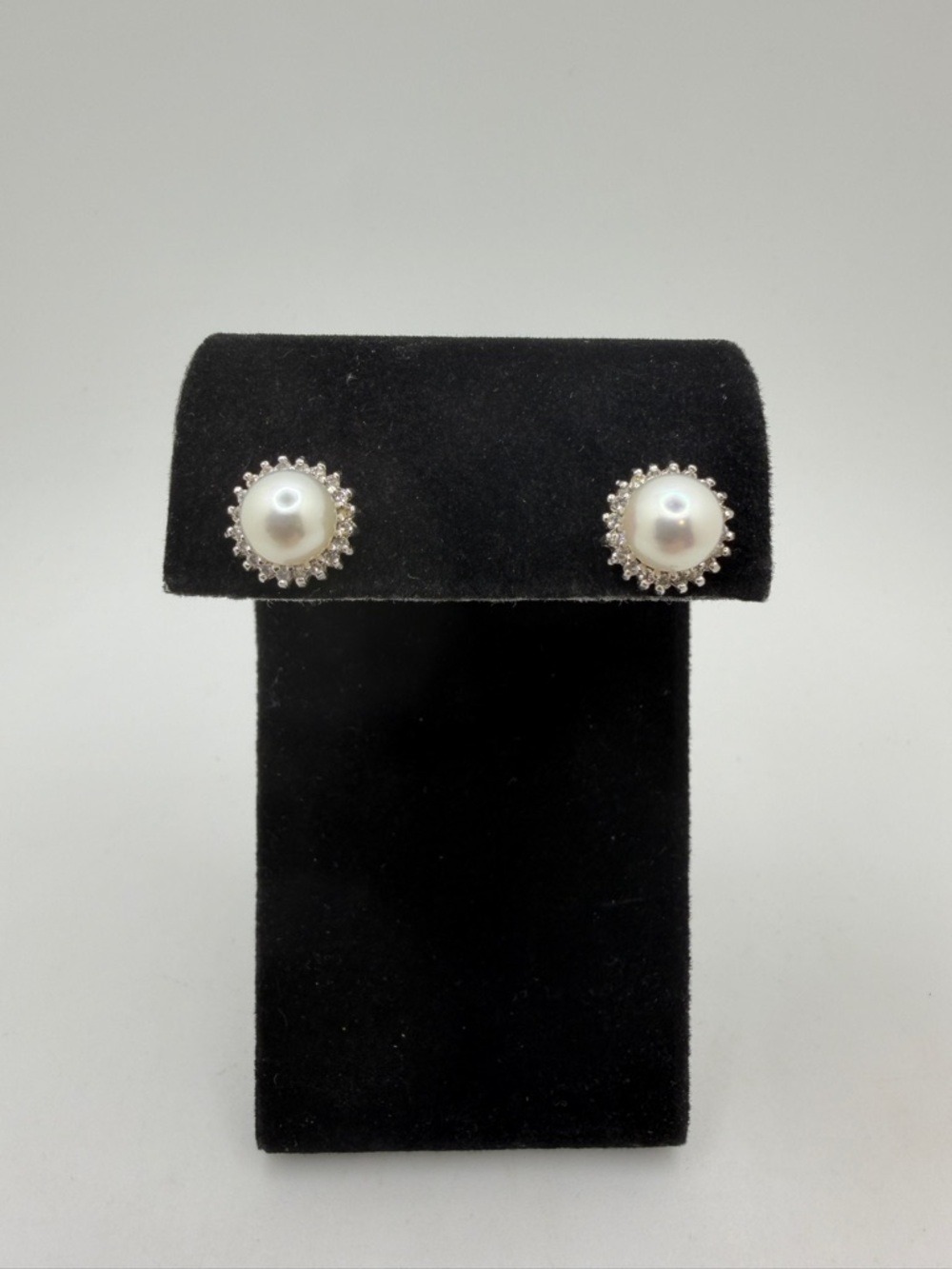 14kt white gold, 7mm Cultured Pearls w/ halo of .36ctw natural diamond earrings!